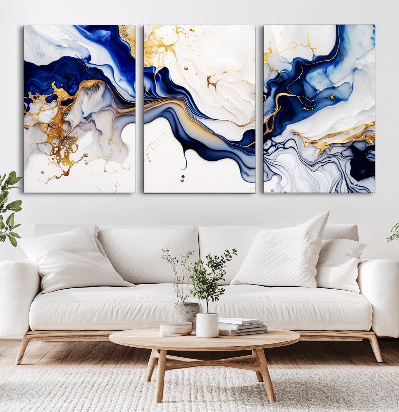 MGV-CV-60X30-3P - Golden Cascades on Midnight Blue – Deep Blue Abstract Wall Art Flowing Elegance | Wall Art Canvas,