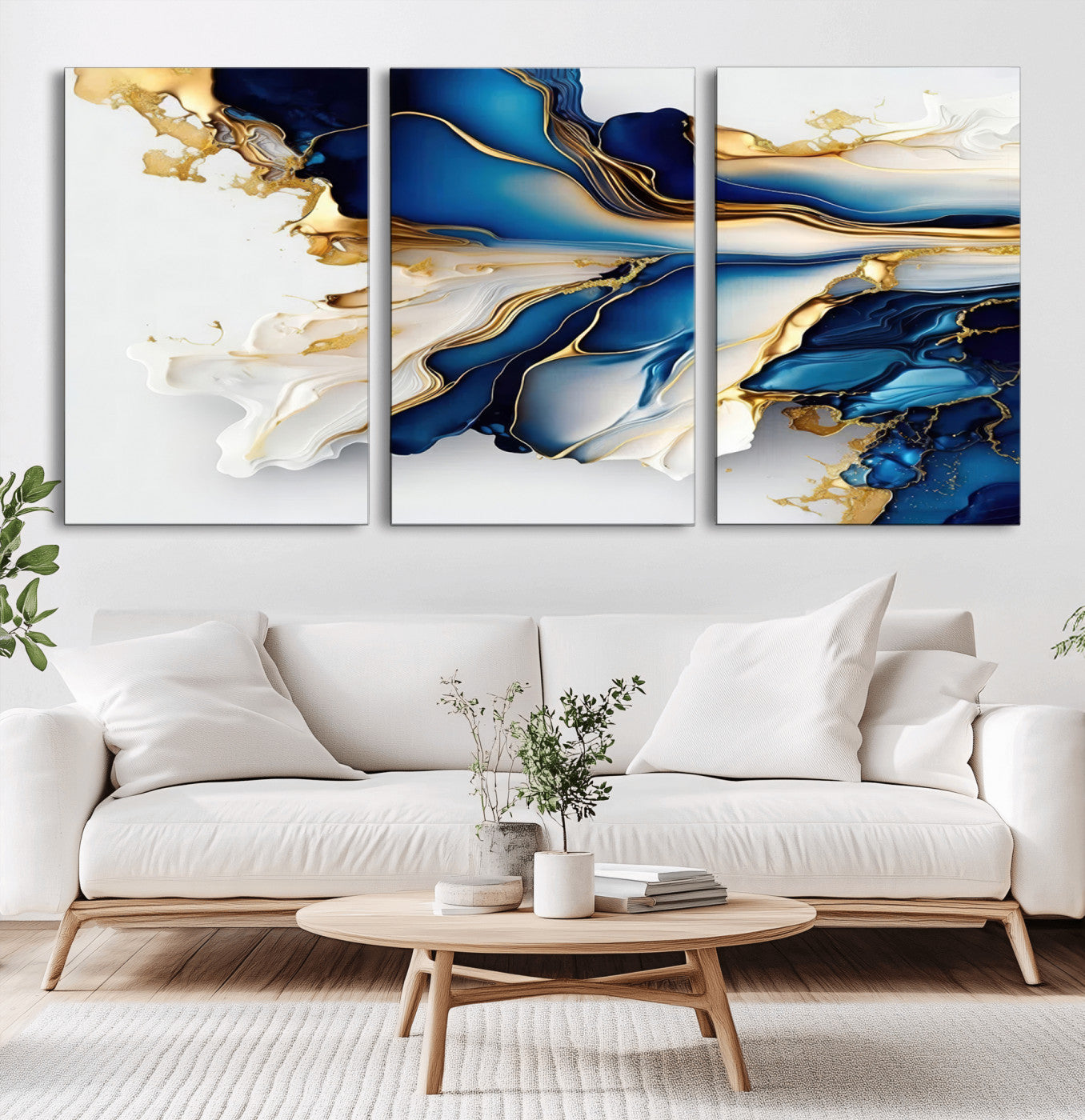 MGV-CV-60X30-3P - Gold Marble Art - Abstract Geode Gold And Blue Marble Shape 3 Pieces Wall Art Canvas Print