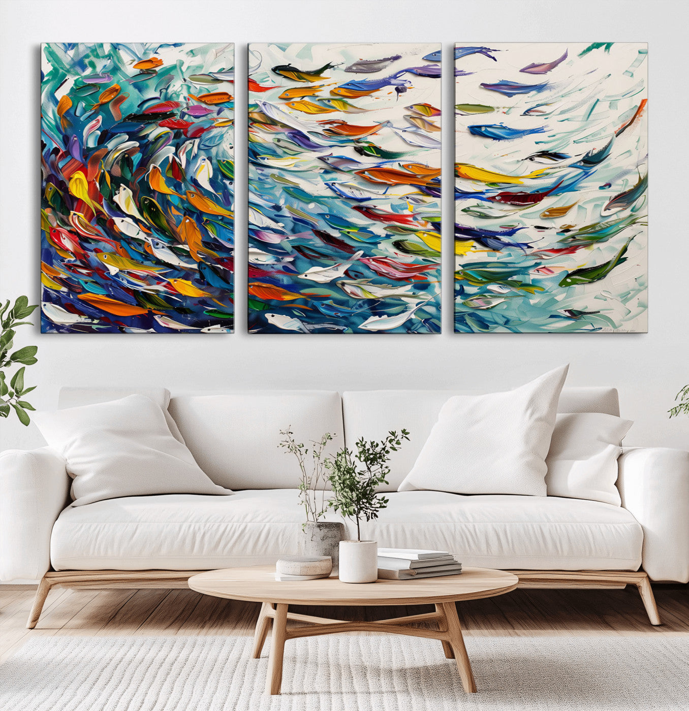 MGV-CV-60X30-3P - Modern Abstract Fish Shoal Wall Art Canvas Print, Colorful Fish Herd Painting on Canvas Print, Ocean