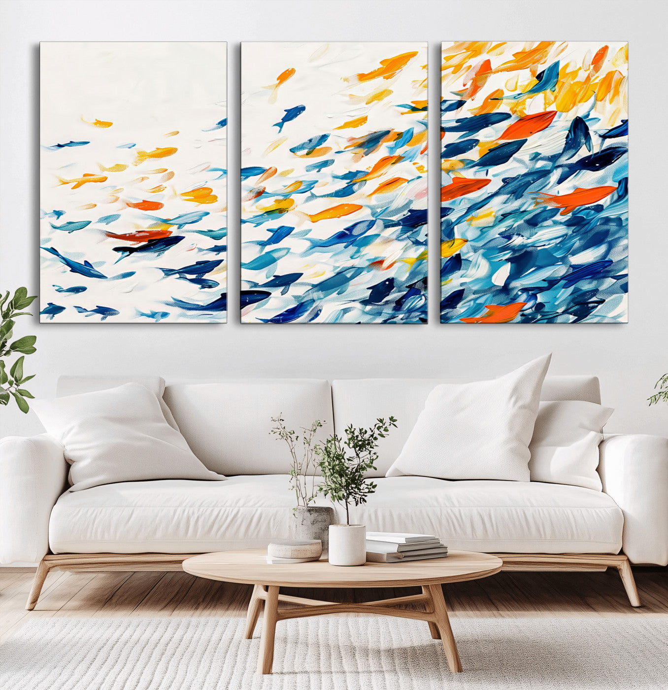 MGV-CV-60X30-3P - Abstract Fish Shoal Wall Art Canvas Print, Colorful Fish Herd Painting on Canvas Print, Ocean Animal