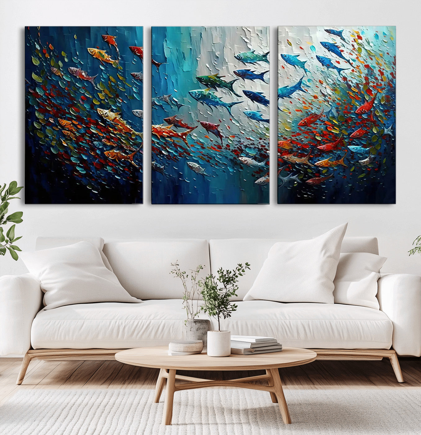 MGV-CV-60X30-3P - Modern Abstract Fish Shoal Wall Art Canvas Print, Colorful Fish Herd Painting on Canvas Print, Ocean