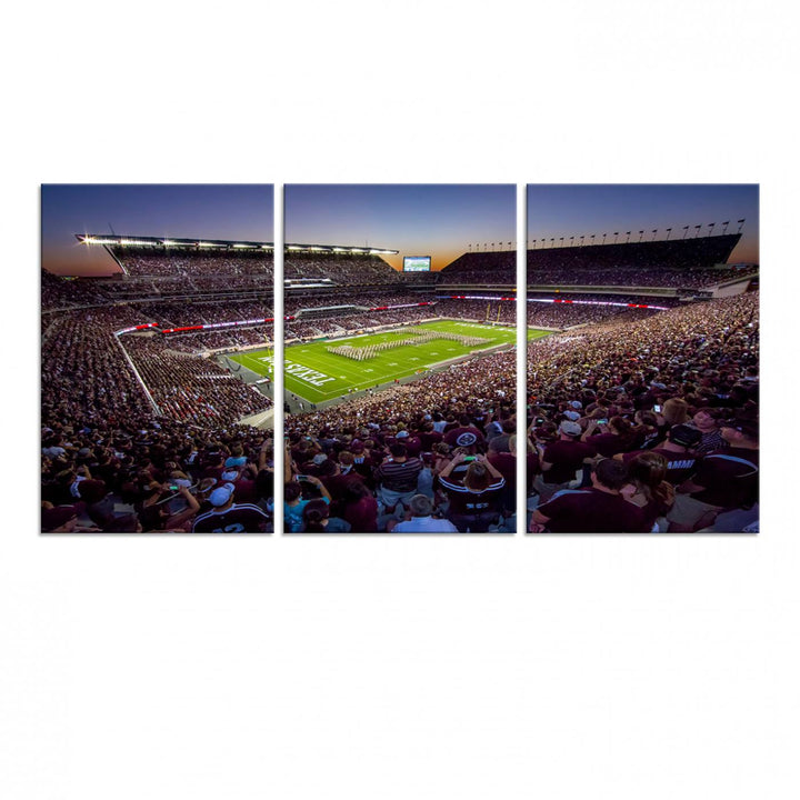 A vibrant canvas print of Texas A&M Aggies at College Stations Kyle Field Stadium captures the energy of fans cheering as the band marches at sunset.