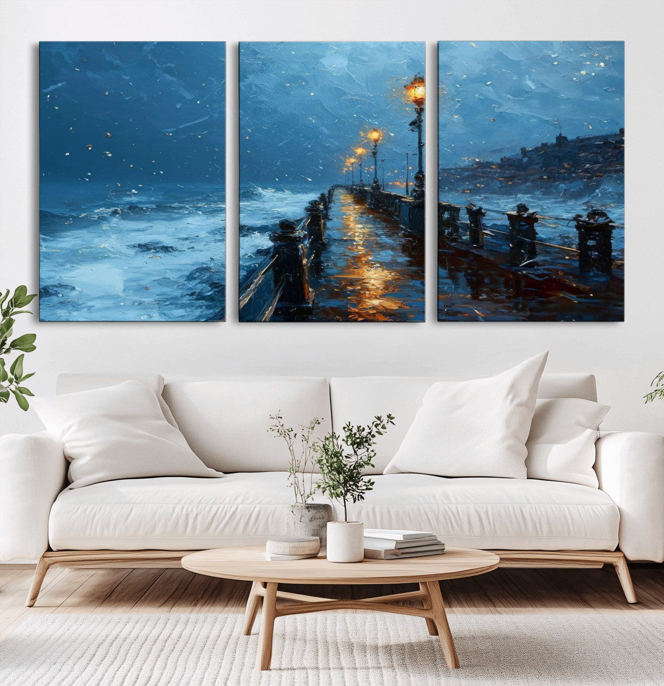 MGV-CV-60X30-3P - Stormy Night at Beach Pier Oil Painting Large Wall Art Print, Framed Canvas Nature Wall Decor,