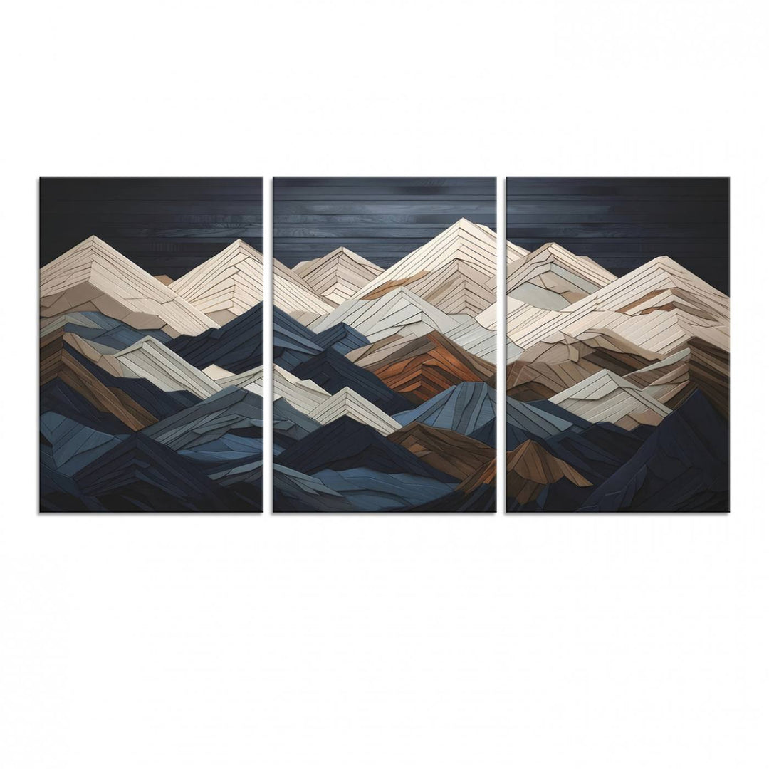 Abstract wood mountain range wall art in a 3-piece set featuring shades of blue, brown, and cream, ideal for modern rustic decor.