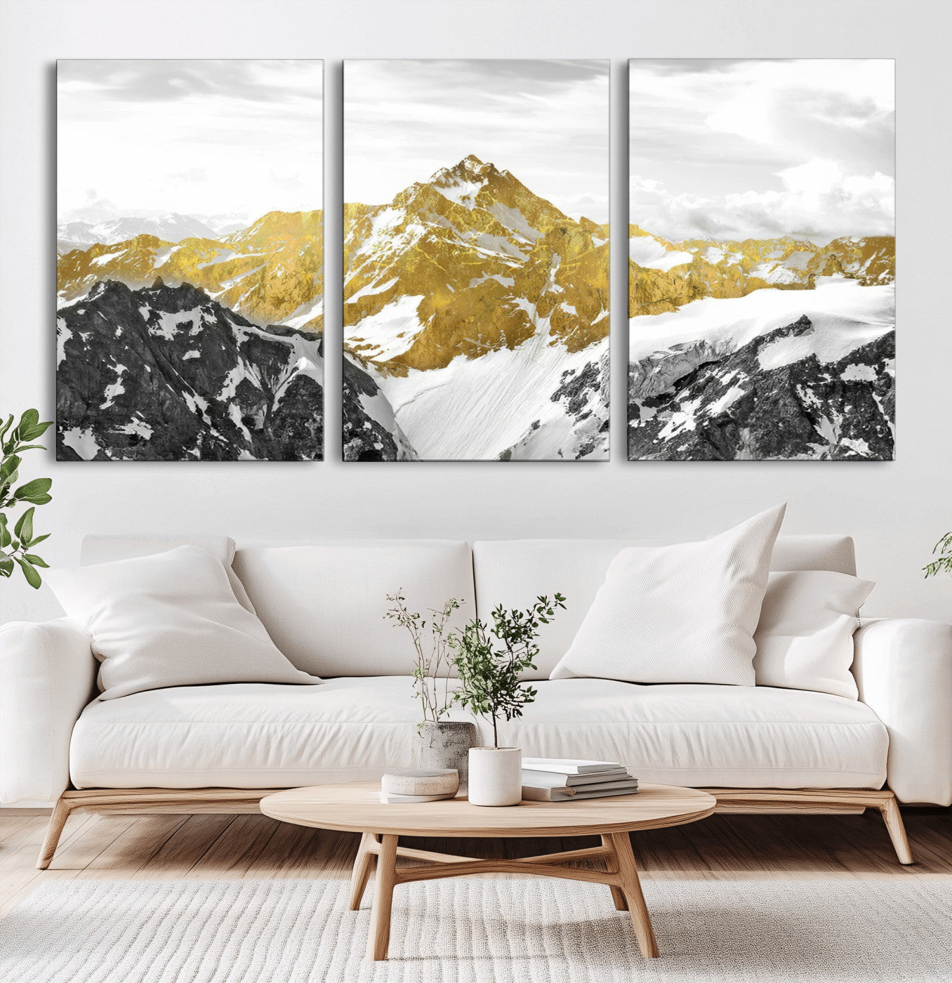 MGV-CV-60X30-3P - Gold Abstract Mountains Wall Art Print on Canvas, Nature Wall Art Print,