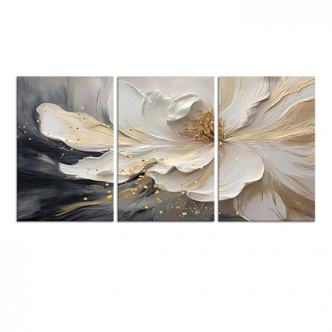 Elegant White and Gold Floral Triptych Canvas Art, a modern textured flower painting for home or office decor, features a blurred gray background.