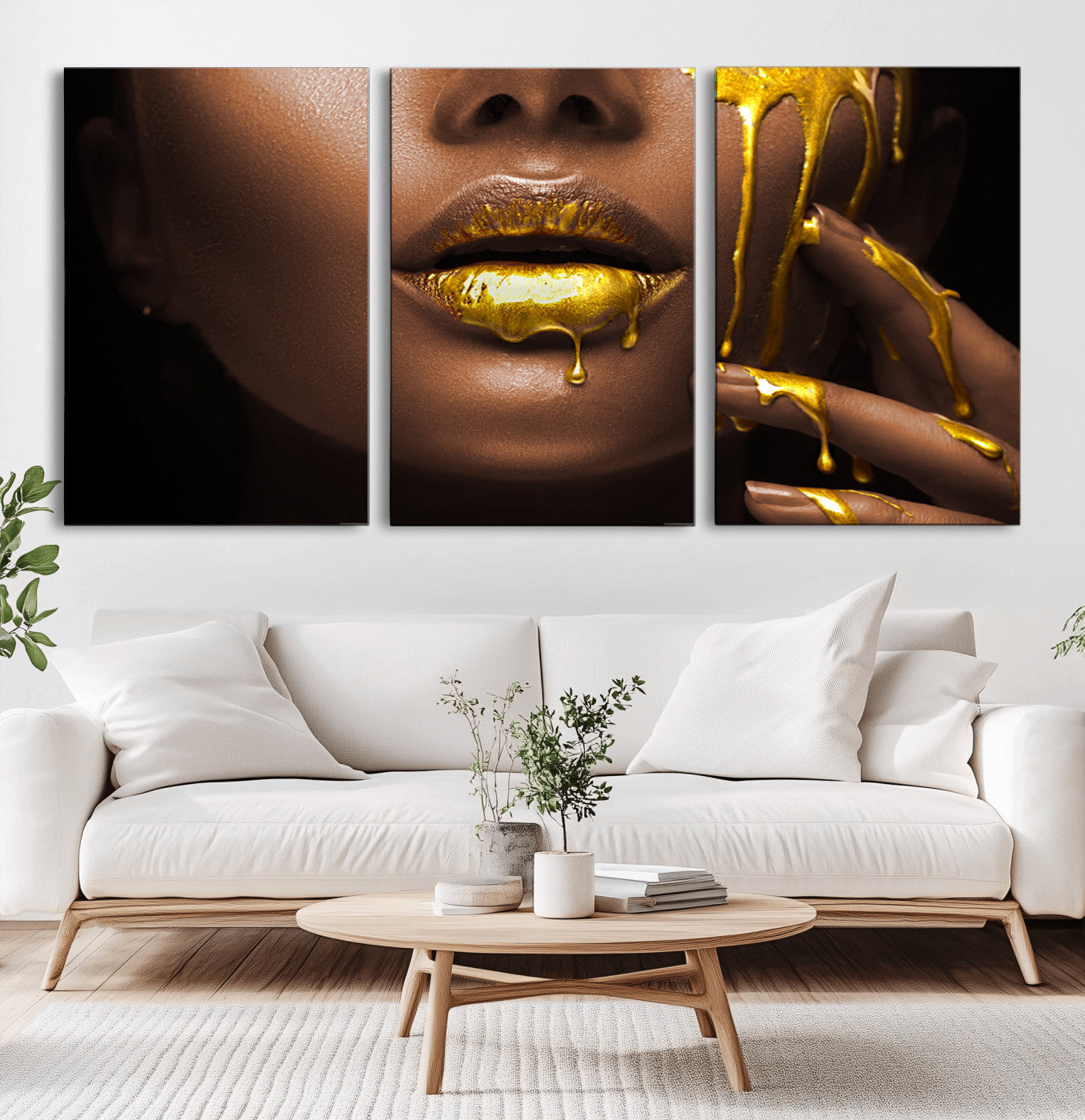 MGV-CV-60X30-3P - African American Art Black Woman Canvas Print, African Wall Art, Fashion African Woman Gold Lips