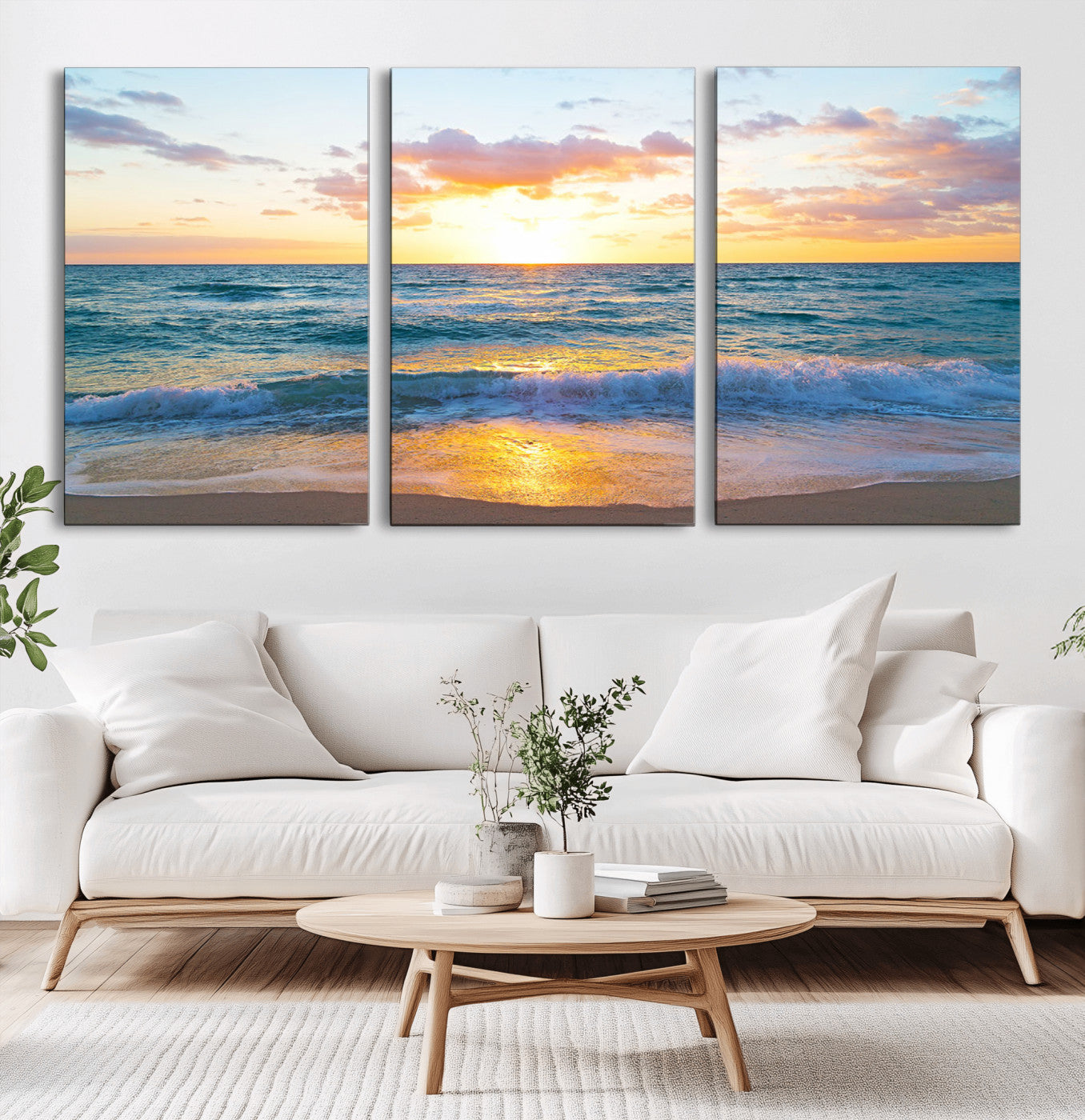 MGV-CV-60X30-3P - Golden Sunset Over Ocean Waves - Serene Coastal Triptych Wall Art for Relaxing Home Decor, Ready to