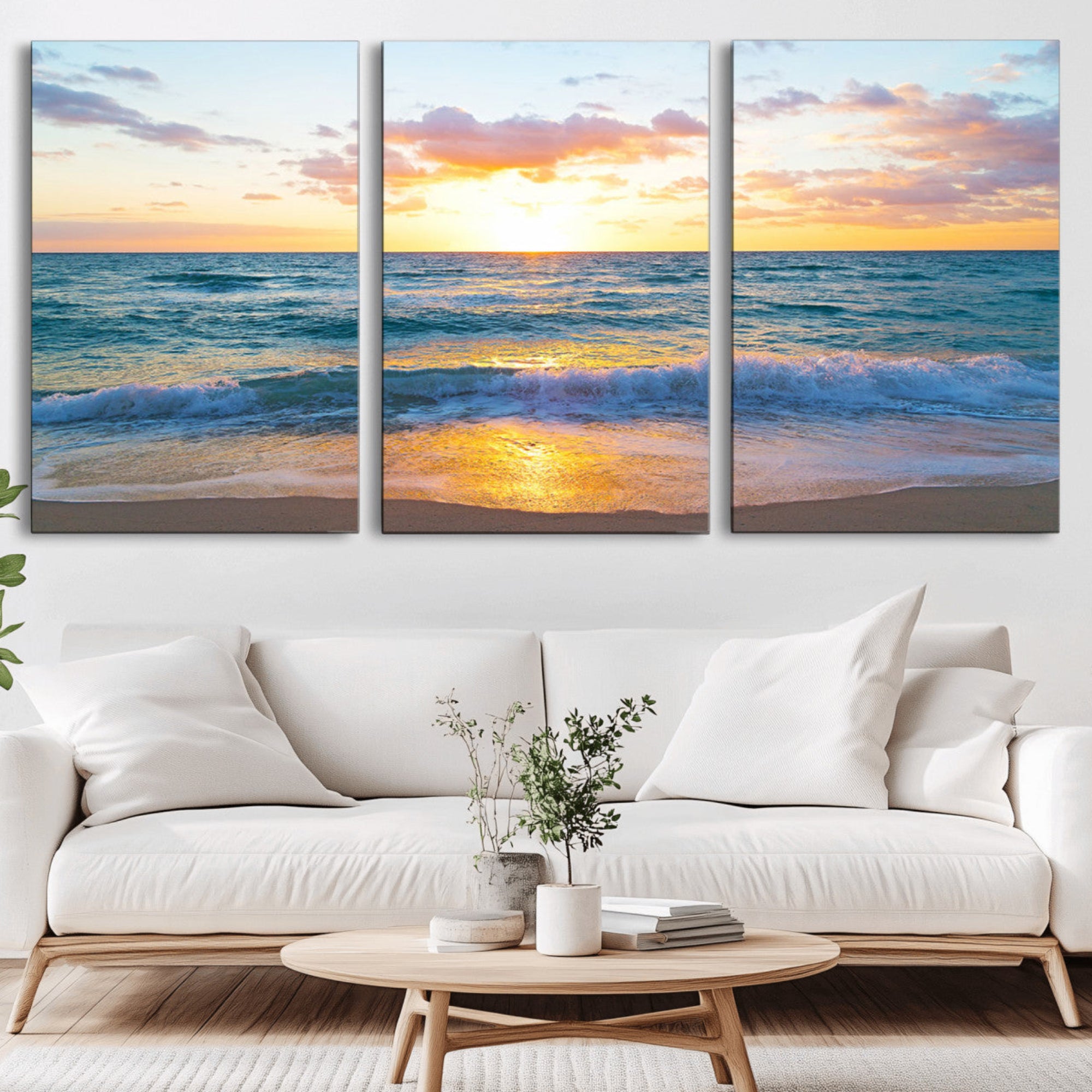 63383-MGV-CV-36X24-Golden Sunset Over Ocean Waves - Serene Coastal Triptych Wall Art for Relaxing Home Decor, Ready to