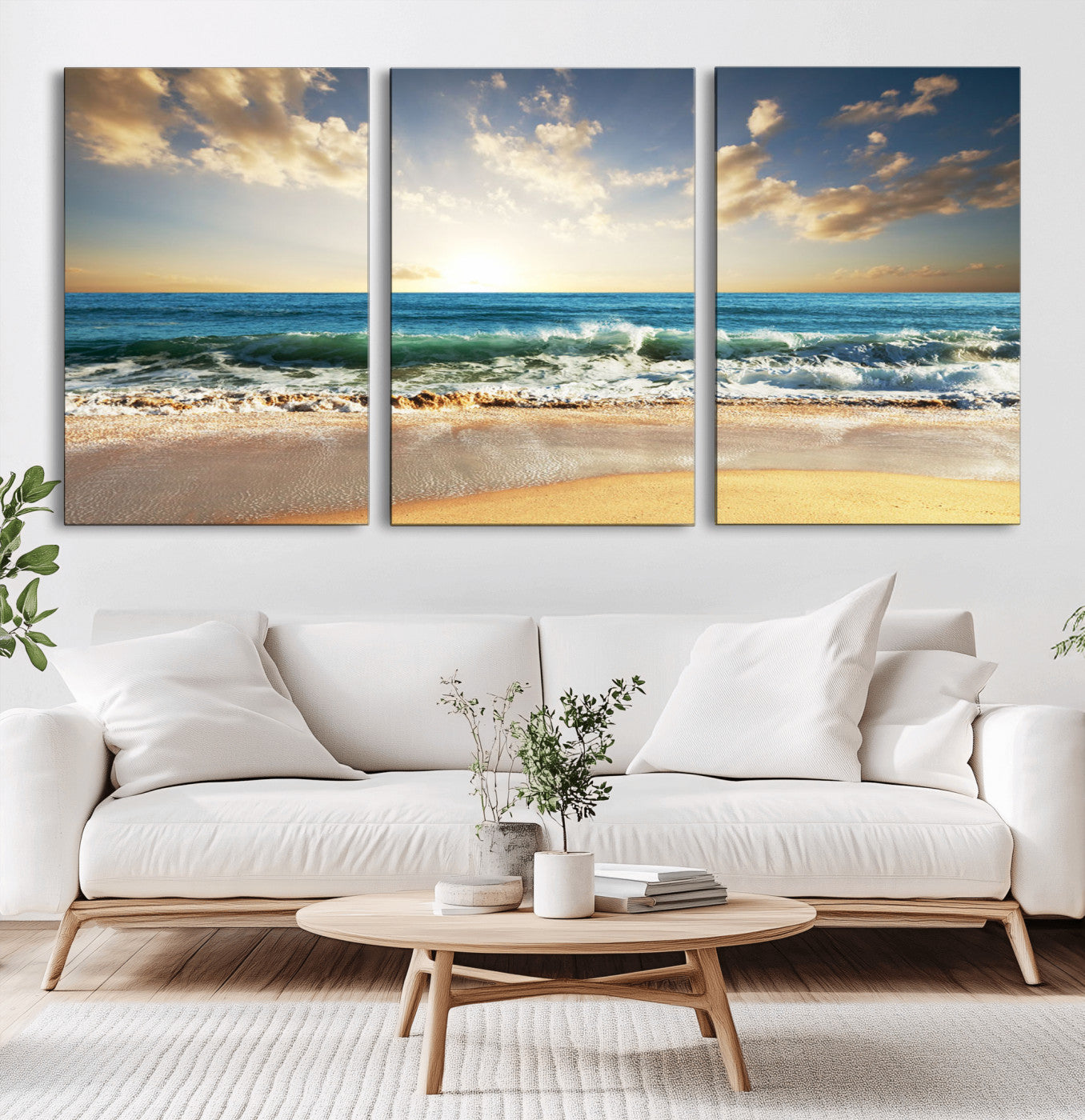 MGV-CV-60X30-3P - Golden Sunset Beach Triptych Canvas Wall Art for Living Room – 3-Panel Ocean View, Framed & Ready to