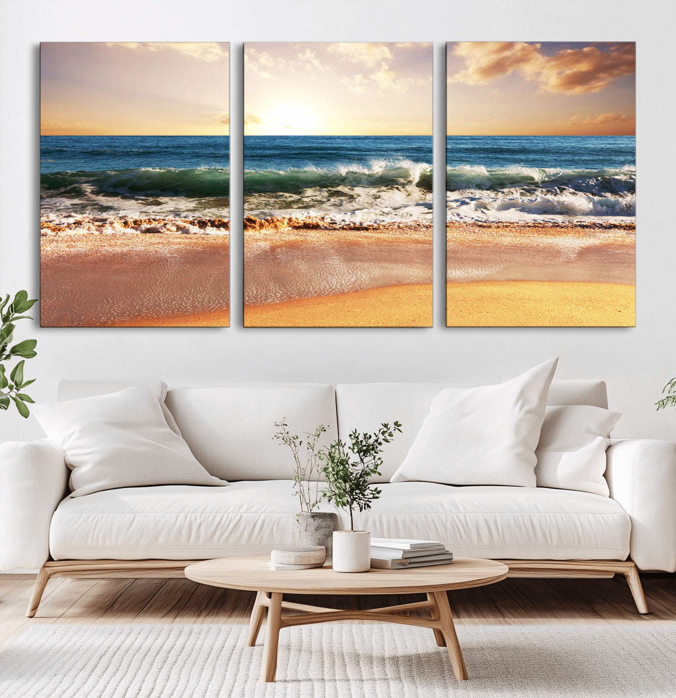 MGV-CV-60X30-3P - Sunset Beach Wall Art - 3-Panel Framed Canvas Print, Ready to Hang Ocean Sunset for Coastal and