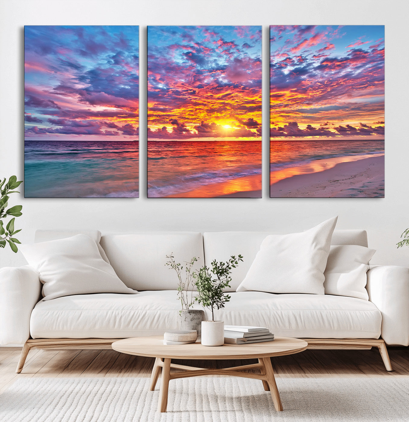 MGV-CV-60X30-3P - Vibrant Sunset Beach Wall Art - Ocean Sunset Canvas Print | Coastal Wall Art Decor Stunning Sunset