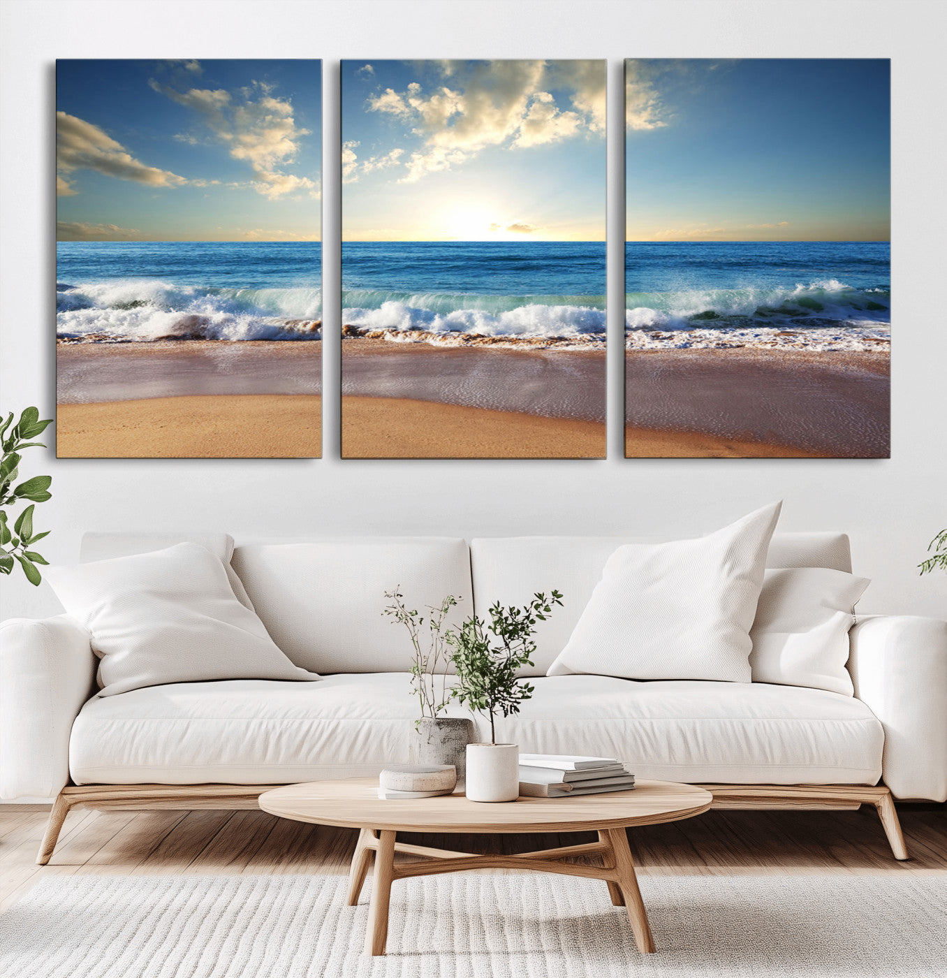 MGV-CV-60X30-3P - Serene Ocean Sunset Canvas Wall Art - Beach Waves at Sunset, Ready to Hang