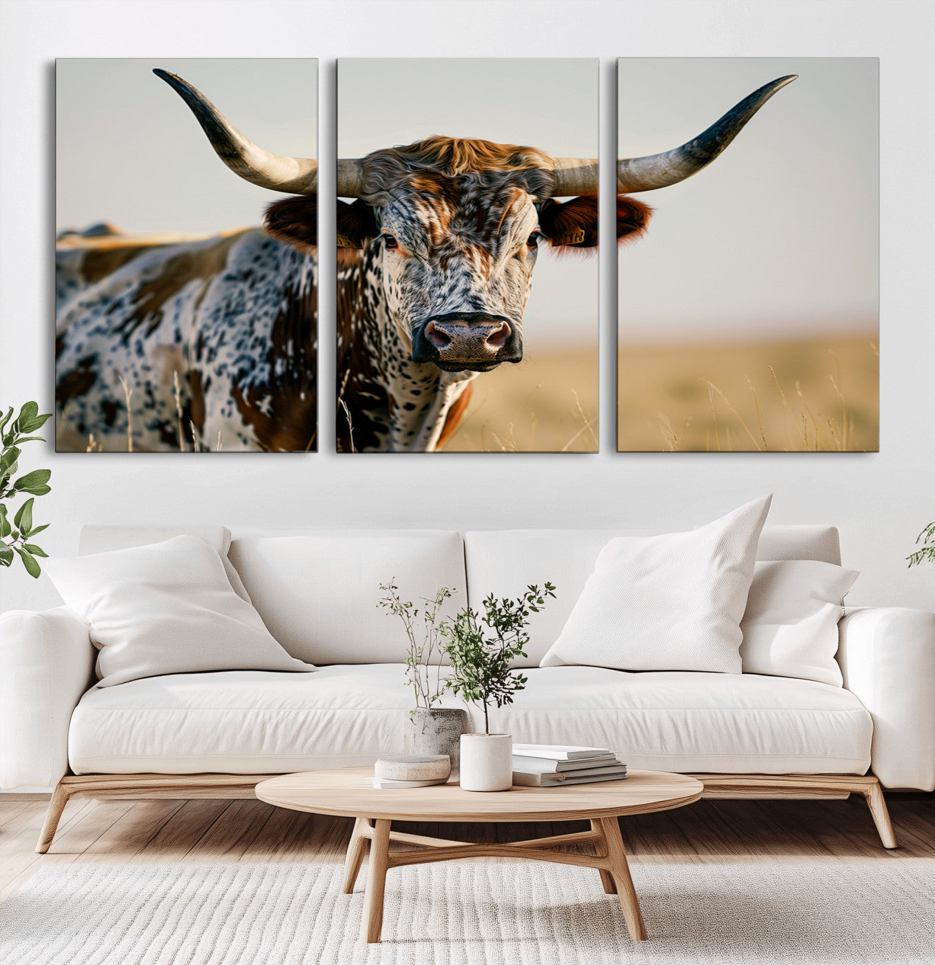 MGV-CV-60X30-3P - Texas Bull Longhorn Wall Art Canvas Print for Farm House Wall Decor, Farmhouse Wall Art Print