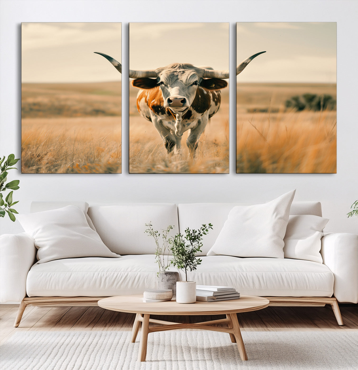 16580-MGV-CV-60X30-3P-Texas Cow Longhorn Wall Art Canvas Print for Farm House Wall Decor, Farmhouse Cow Print Canvas Wall Art Print