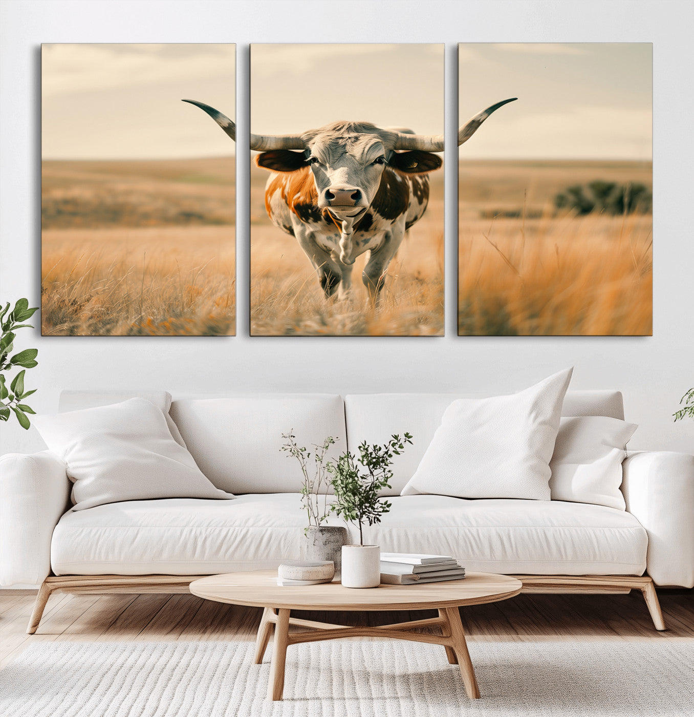 MGV-CV-60X30-3P - Texas Cow Wall Art Canvas Print for Farm House Wall Decor, Farmhouse Wall Art Print