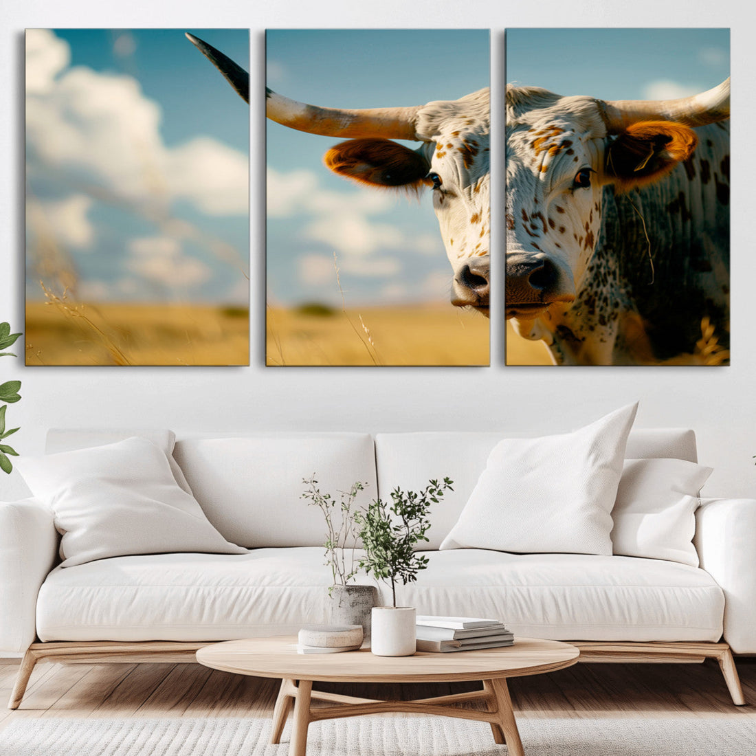 Longhorn in the Prairie, Stunning Ranch-Style Triptych Wall Art
