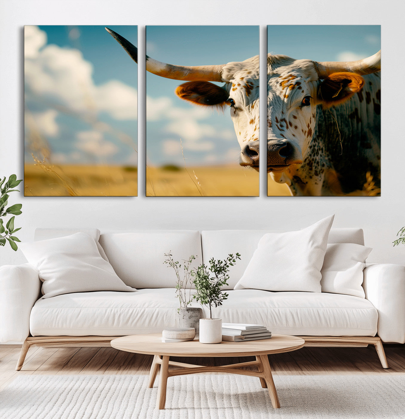 MGV-CV-60X30-3P - Longhorn in the Prairie - Stunning Ranch-Style Triptych Wall Art for Western Home Decor, Cowboy Wall