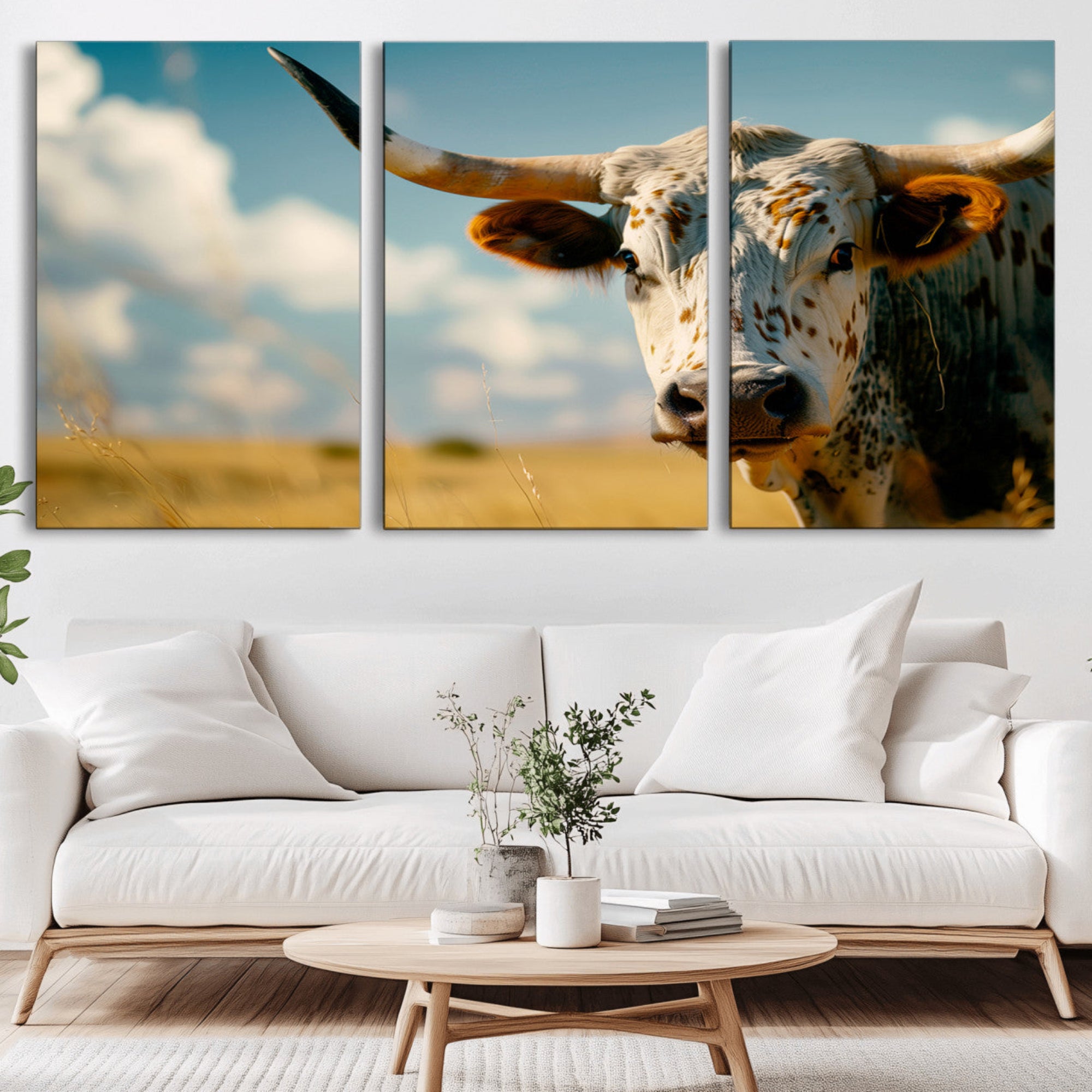 71621-MGV-CV-36X24-Longhorn in the Prairie - Stunning Ranch-Style Triptych Wall Art for Western Home Decor, Cowboy Wall