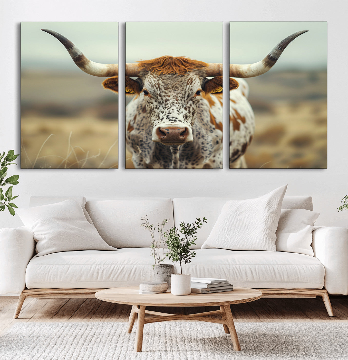 MGV-CV-60X30-3P - Texas Cow Longhorn Wall Art Canvas Print for Farm House Wall Decor, Farmhouse Wall Art Print