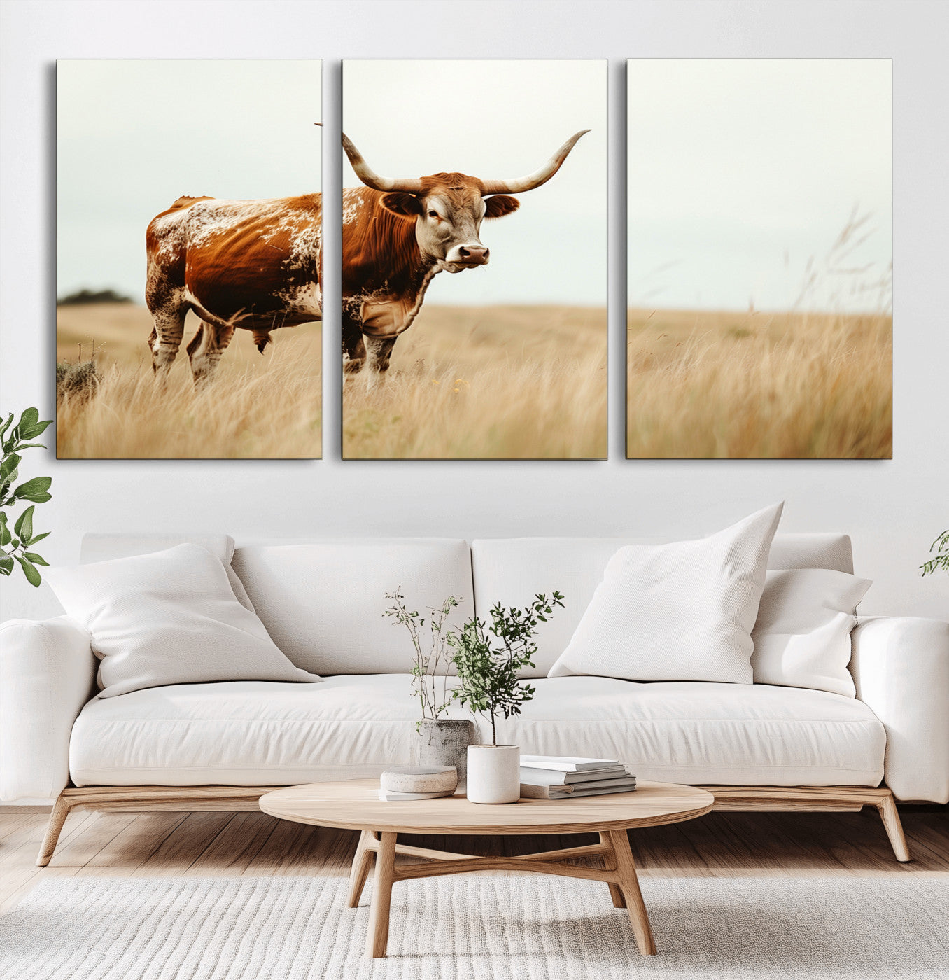 MGV-CV-60X30-3P - Texas Longhorn Canvas Wall Art Print – Majestic Western Cattle in Rustic Farmhouse Decor – Cow Wall