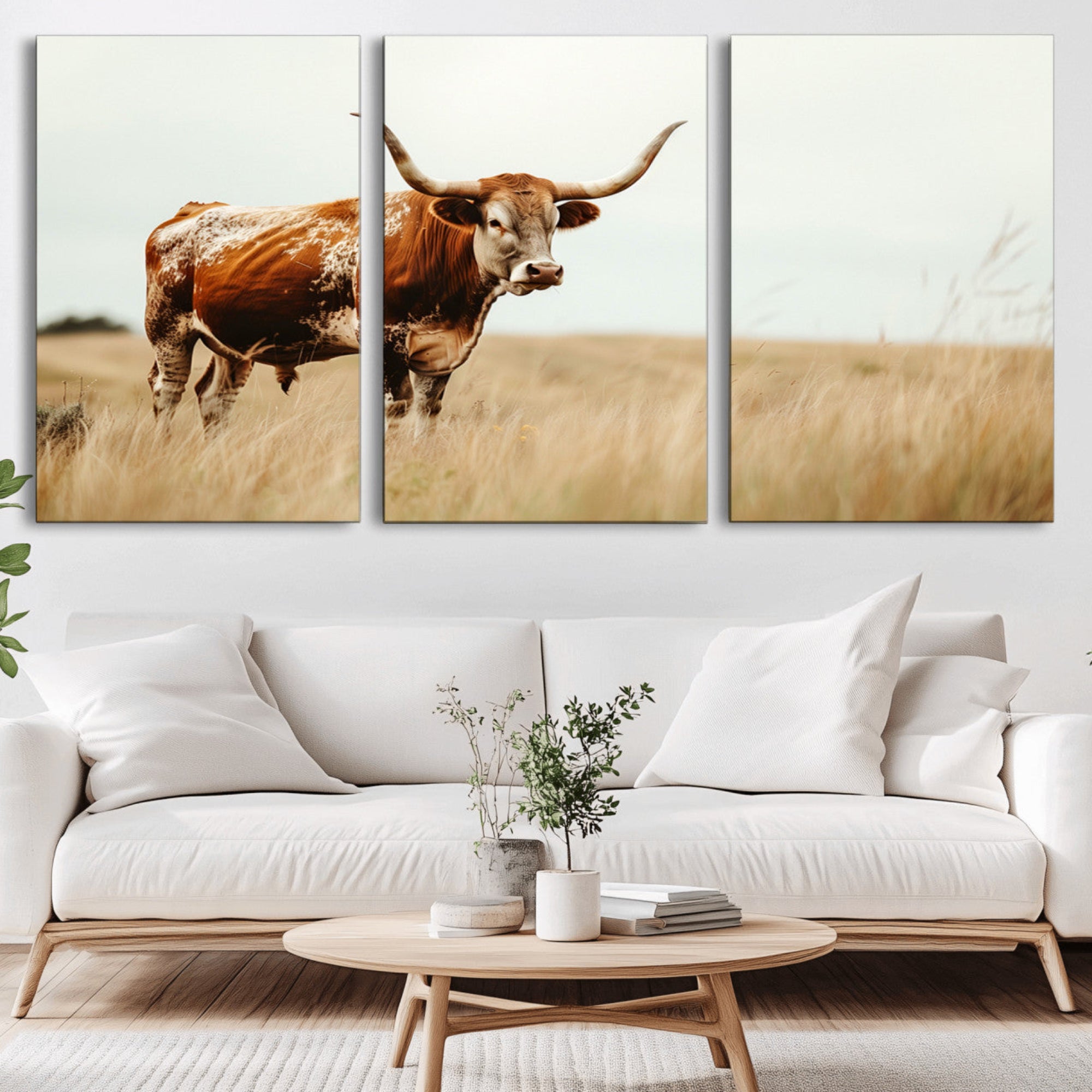 62910-MGV-CV-36X24-Texas Longhorn Canvas Wall Art Print – Majestic Western Cattle in Rustic Farmhouse Decor – Cow Wall