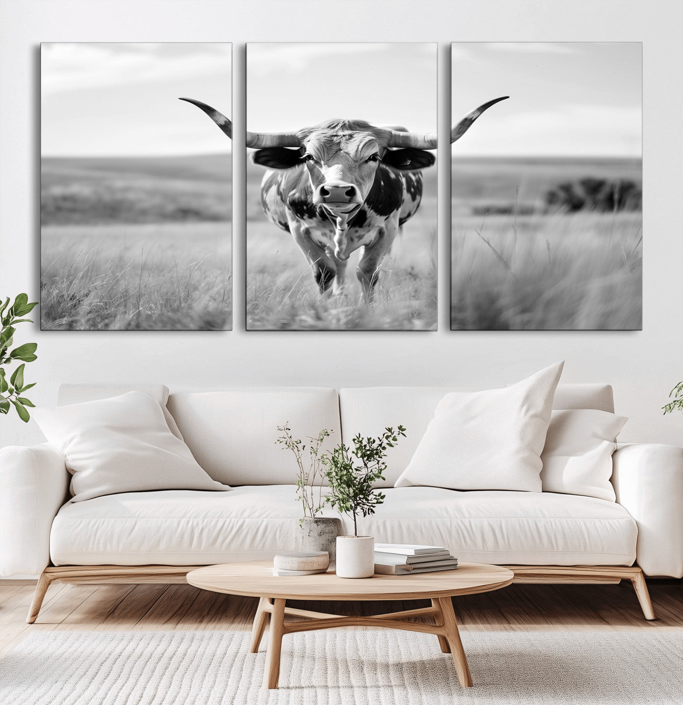 MGV-CV-60X30-3P - Texas Cow Longhorn Wall Art Canvas Print for Farm House Wall Decor, Farmhouse Wall Art Print