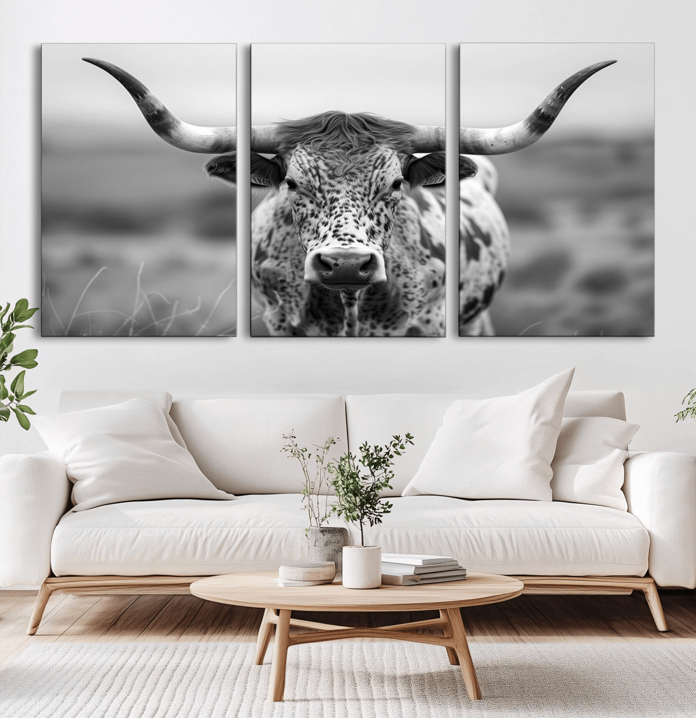 MGV-CV-60X30-3P - Texas Cow Longhorn Wall Art Canvas Print for Farm House Wall Decor, Farmhouse Wall Art Print