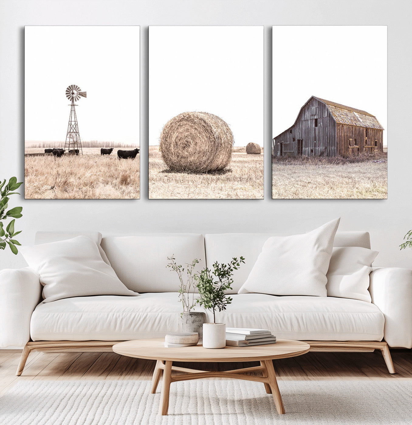 MGV-CV-60X30-3P - Rustic Farmhouse Wall Art Set of 3 – Country Barn and Wheat Field | Farm Prints for Country Home and