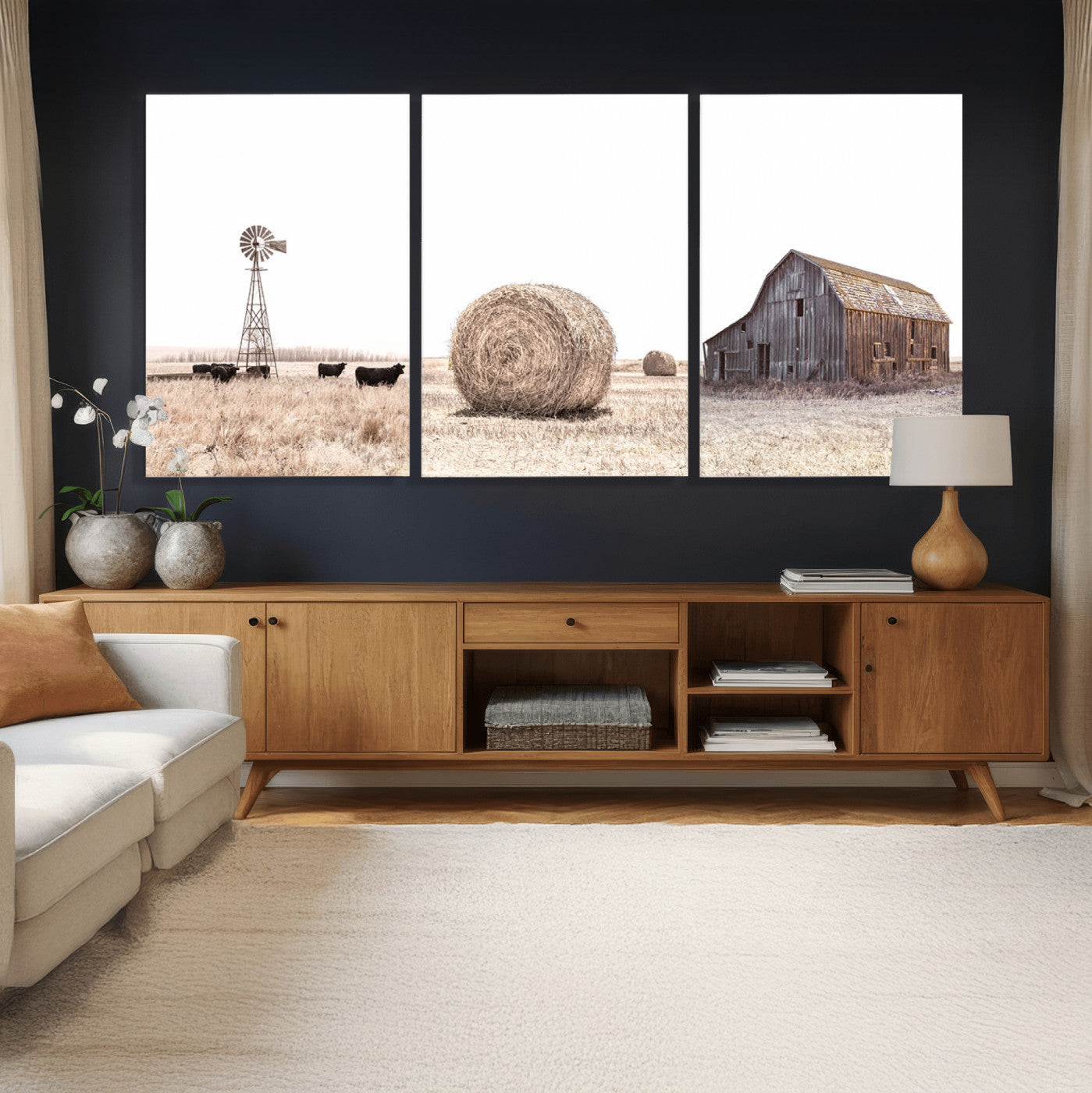 30918-MGV-CV-60X30-3P - Rustic Farmhouse Wall Art Set of 3 – Country Barn and Wheat Field | Farm Prints for Country Home and