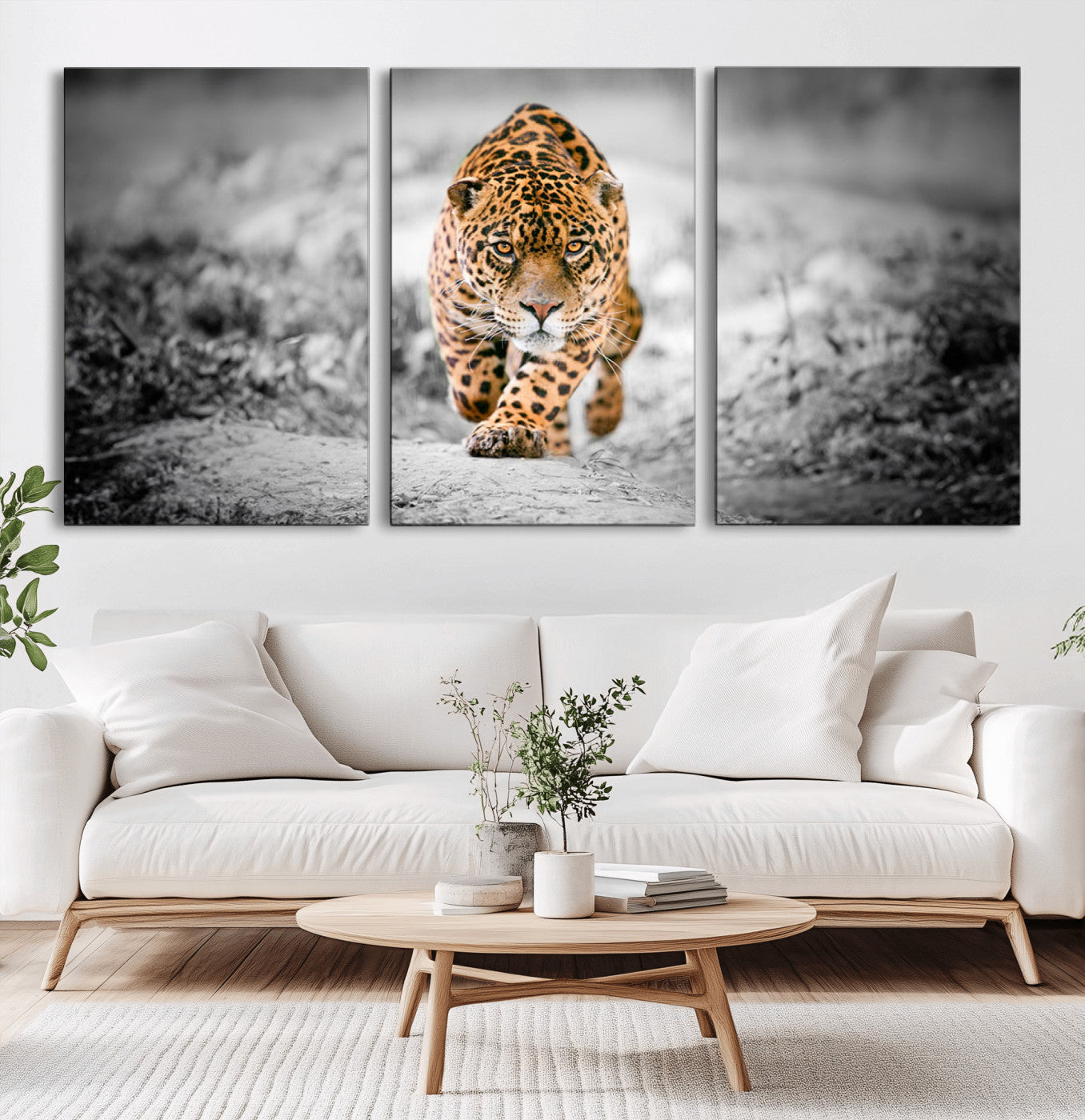 MGV-CV-60X30-3P - Jaguar Wall Art Canvas Print - Majestic Big Cat in Focused Pursuit - Ready to Hang