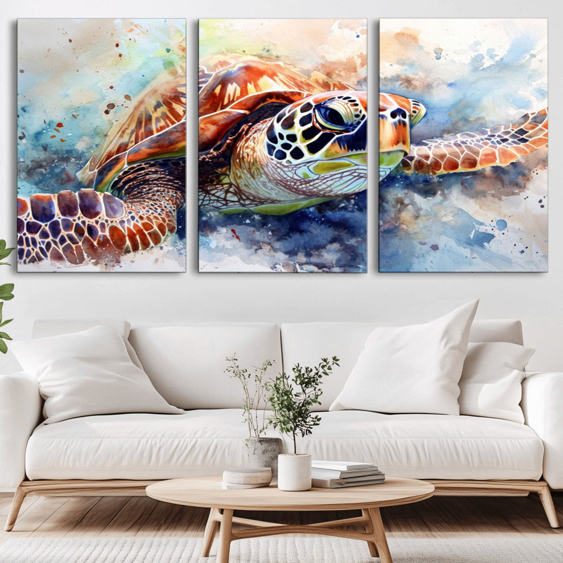 Watercolor Sea Turtle Wall Art Canvas Print, Vibrant Ocean Colors in Watercolor Style