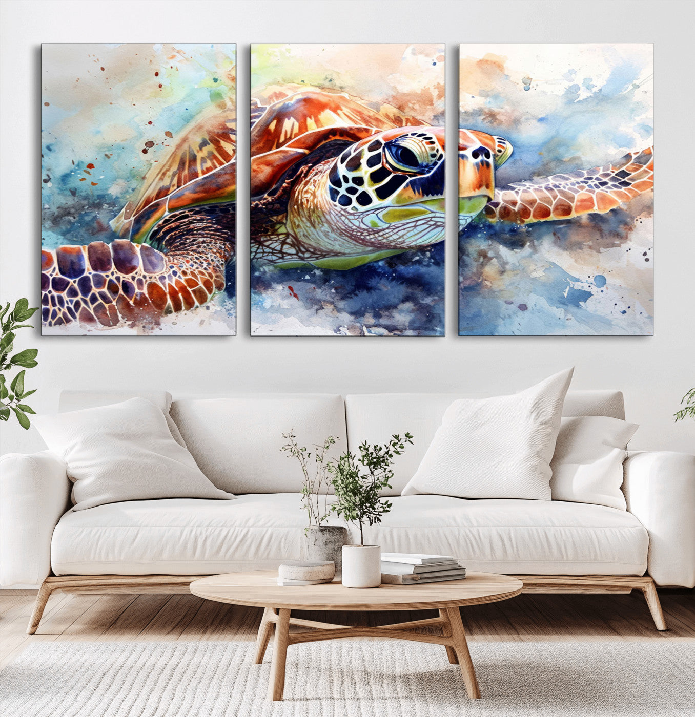 MGV-CV-60X30-3P - Watercolor Sea Turtle Wall Art Canvas Print - Vibrant Ocean Colors in Watercolor Style - Ready to