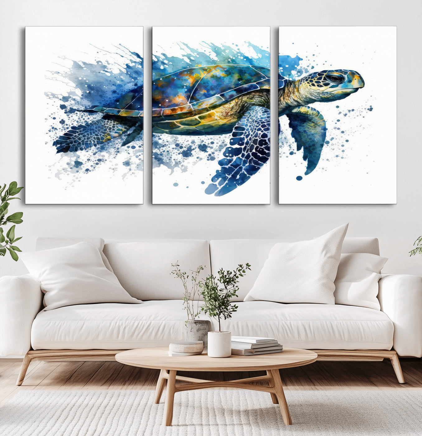 MGV-CV-60X30-3P - Turtle Wall Art Canvas Print, Framed Watercolor Turtle Art Picture Print, Ocean Life Perfect Nautical Decor Artwork