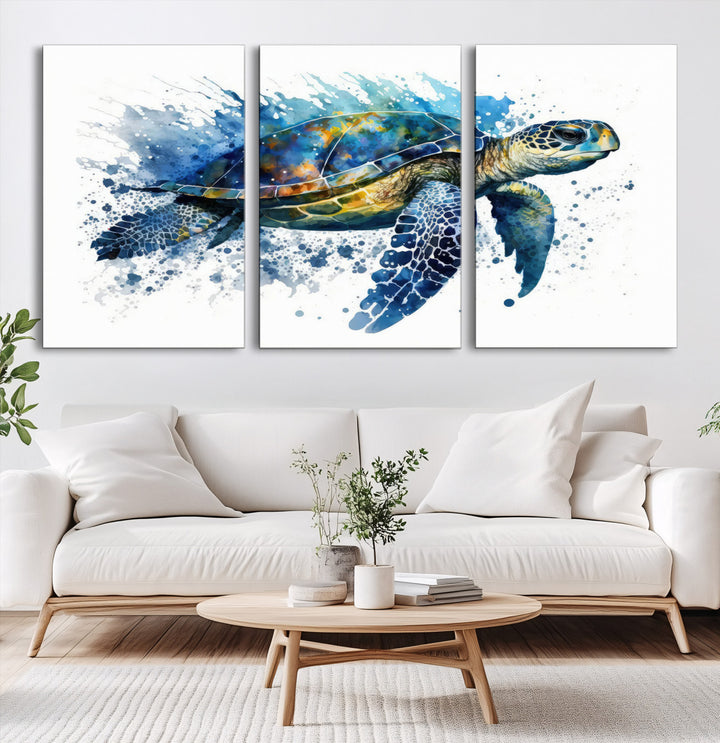 The Turtle Wall Art Print, featuring blue splashes, beautifully showcases Ocean Life.