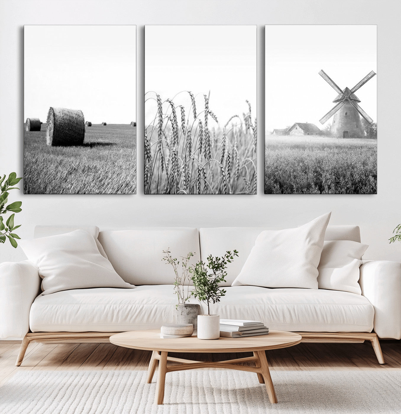 MGV-CV-60X30-3P - Vintage Farmhouse Black and White Triptych Wall Art – Giclee Canvas Featuring Wheat Fields, Hay