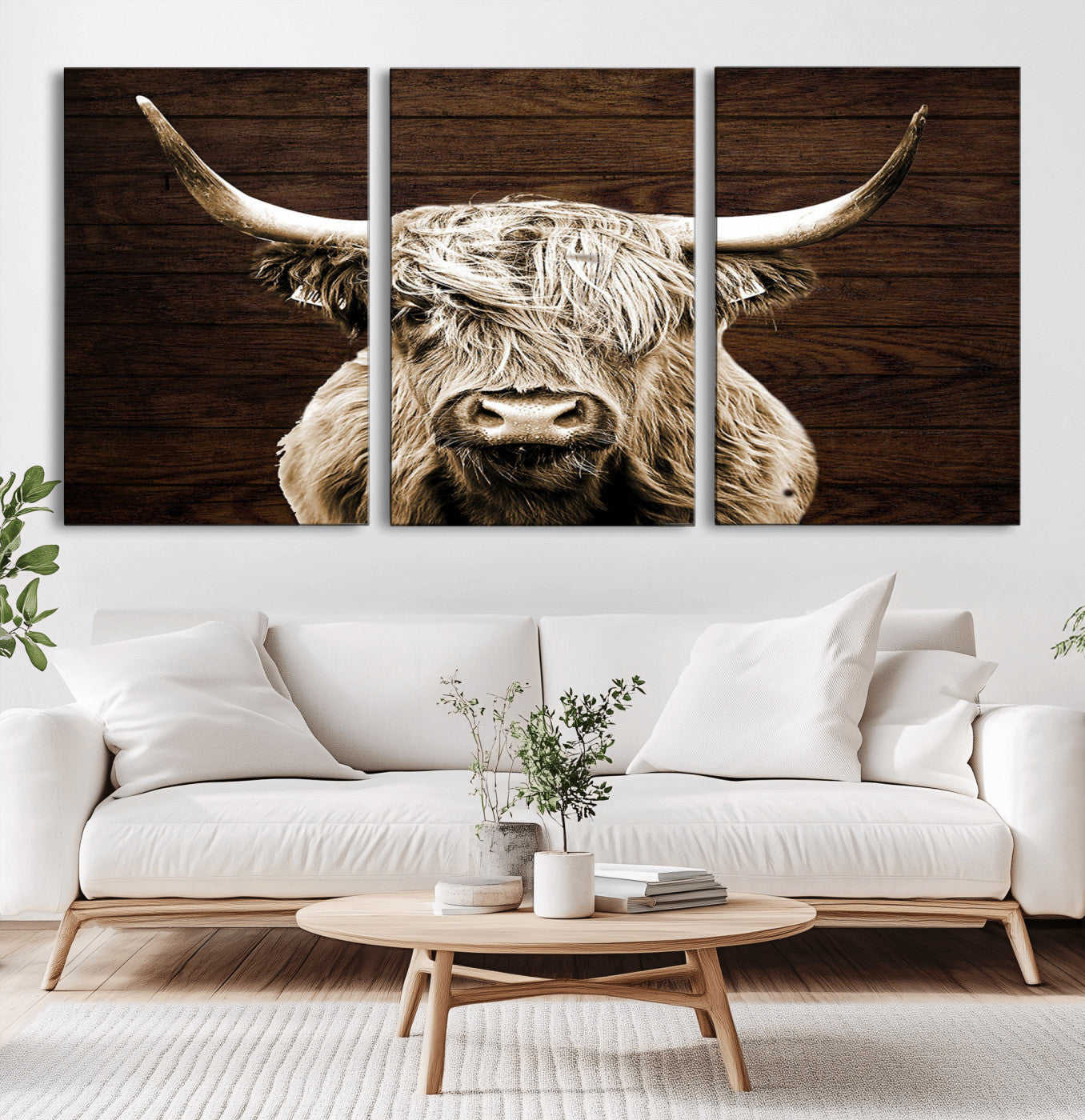 MGV-CV-60X30-3P - Highland Cow Wall Art Canvas Print, Rustic Farmhouse Decor, Majestic Scottish Highland Bull Portrait
