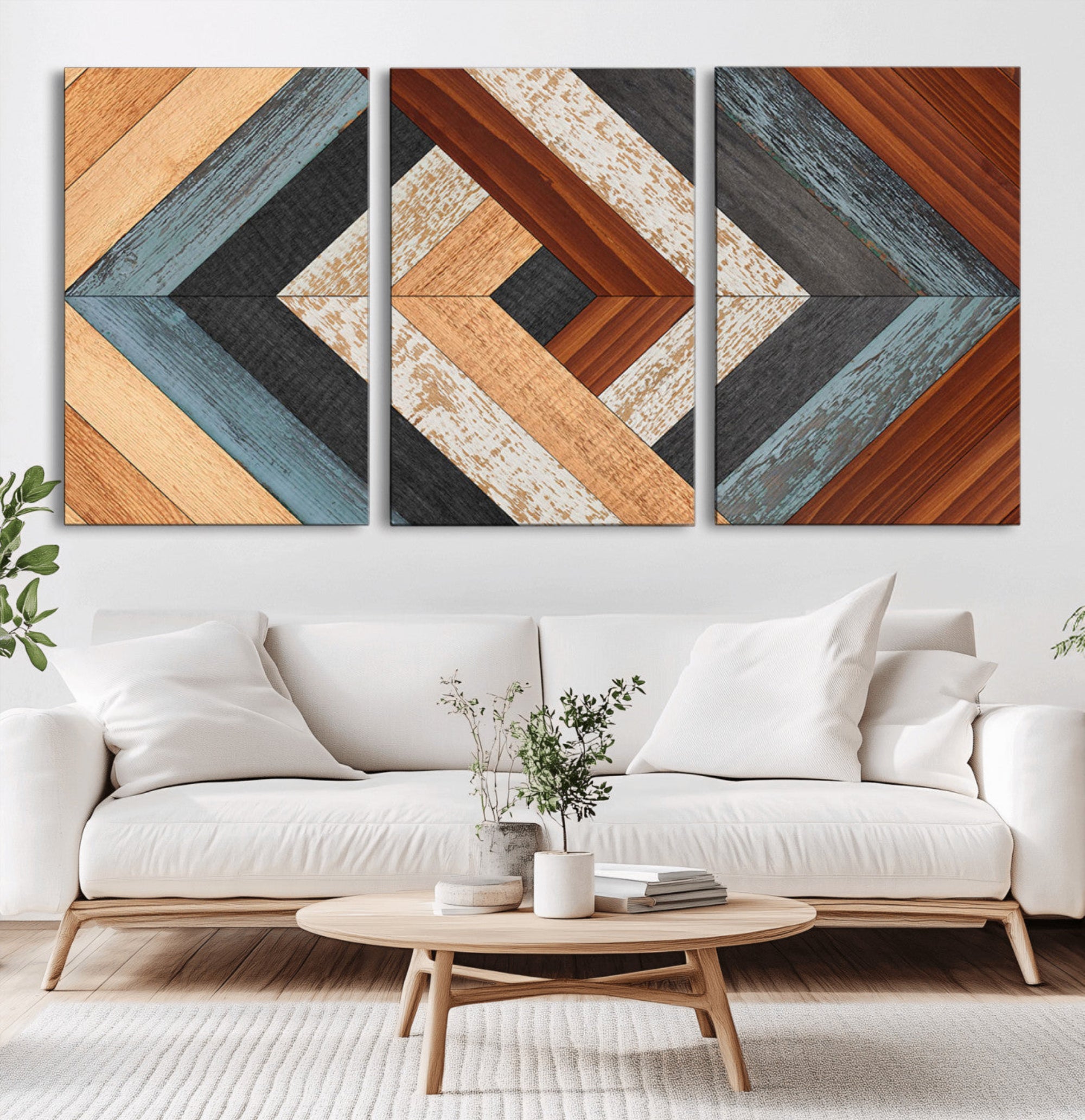 20897-MGV-CV-36X24-Geometric Wood Art Wall Decor Canvas Print, Rustic Wooden Pattern Triptych Wall Art for Living Room