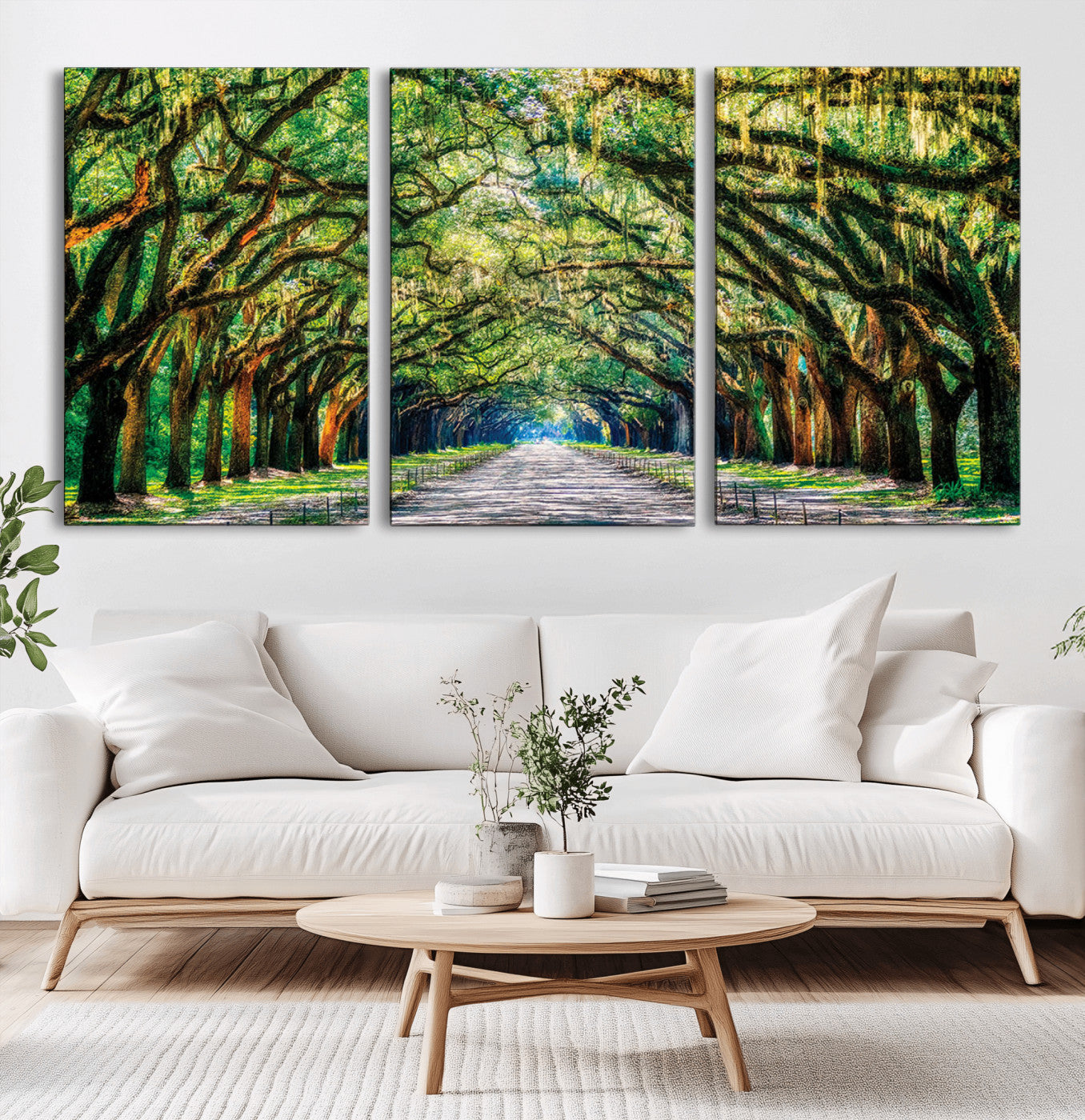 MGV-CV-60X30-3P - Serene Tree Tunnel Wall Art Canvas Print – Pathway Under Canopy of Lush Green Trees, Nature-Inspired