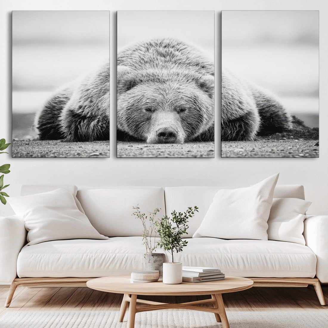Resting Grizzly Bear Wall Art Canvas Print, Majestic Black and White Wildlife Bear Art