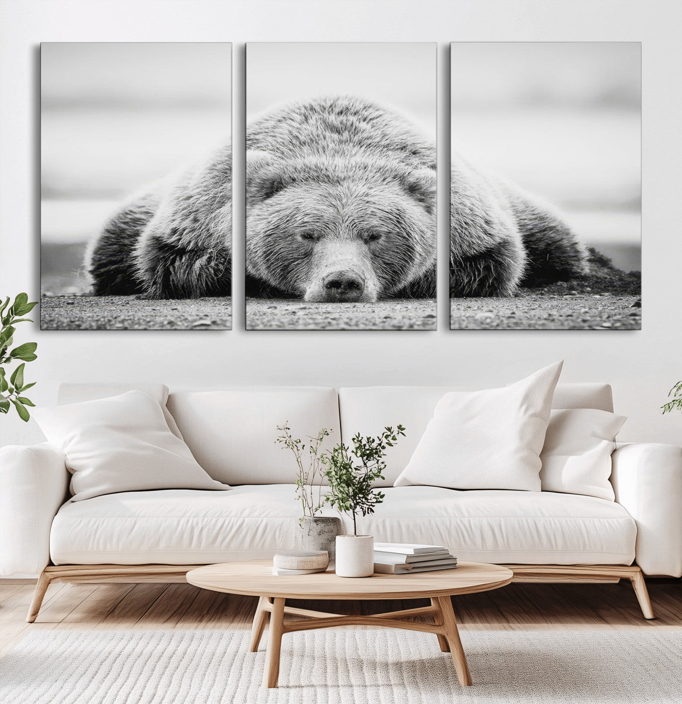 MGV-CV-60X30-3P - Resting Grizzly Bear Wall Art Canvas Print – Majestic Lazy Black and White Wildlife Bear Art,