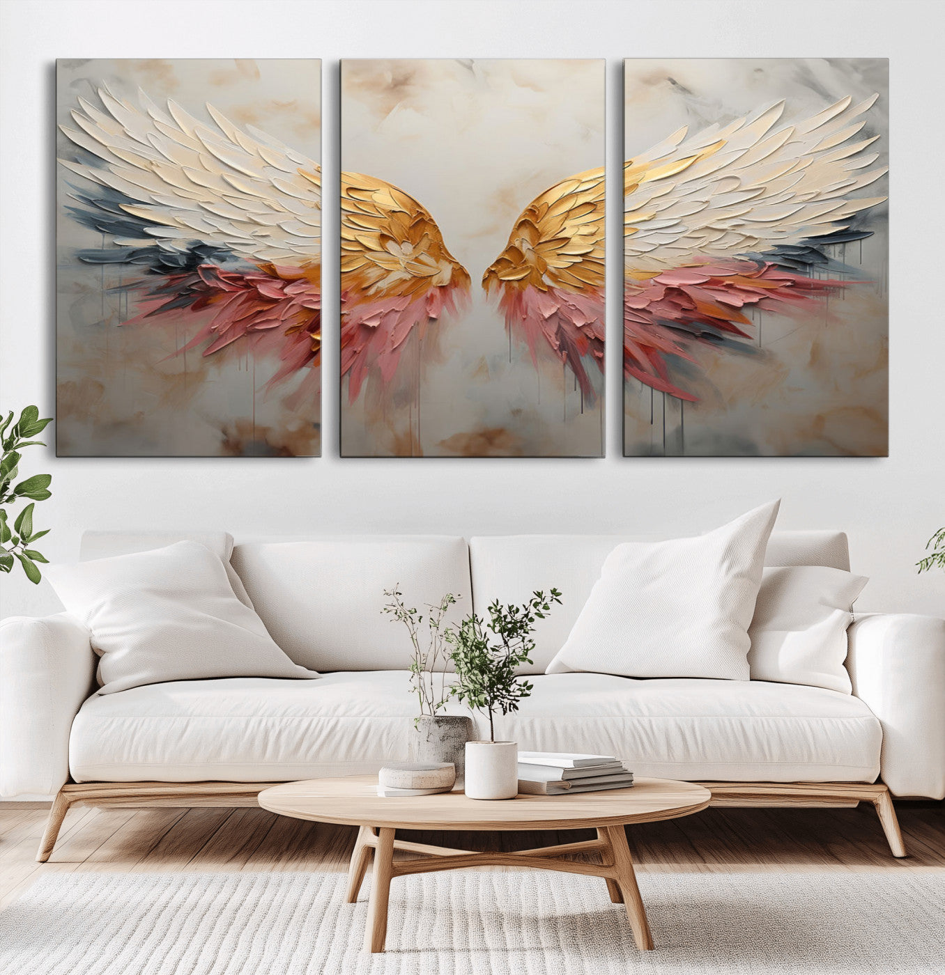 MGV-CV-60X30-3P - Golden Angel Wings Wall Art Canvas Print – Stunning Abstract Winged Art for Elegant Home Decor –