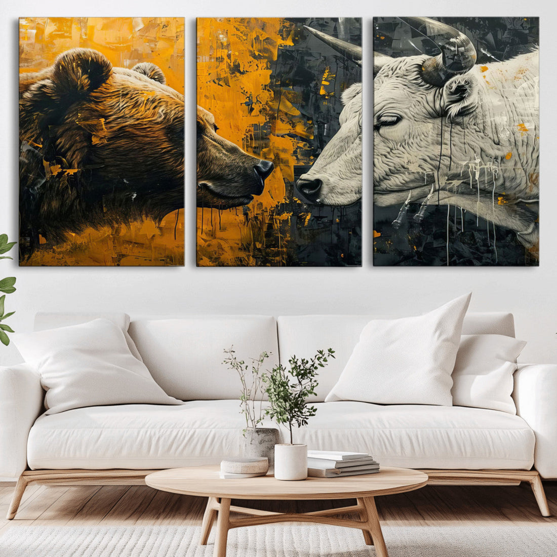 Bear and Bull Wall Art Canvas Print, Abstract Animal Portrait for Modern Home Decor