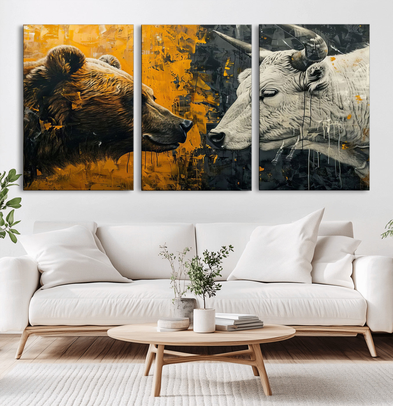 MGV-CV-60X30-3P - Bear and Bull Wall Art Canvas Print – Abstract Animal Portrait Painting for Modern Home Decor –
