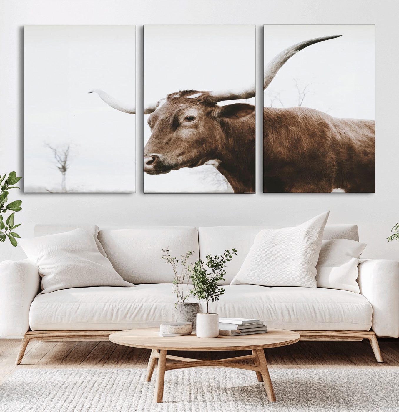 MGV-CV-60X30-3P - Rustic Bull Wall Art Canvas Print – Modern Longhorn Farmhouse Animal Decor – Abstract Farm Cow