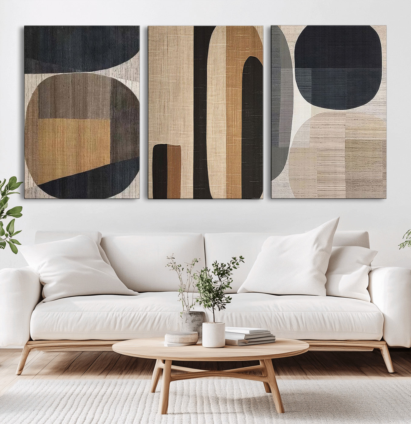 MGV-CV-60X30-3P - Abstract Minimalist Canvas Wall Art - Neutral Geometric Modern Boho Decor, Minimalist Brown Wabi