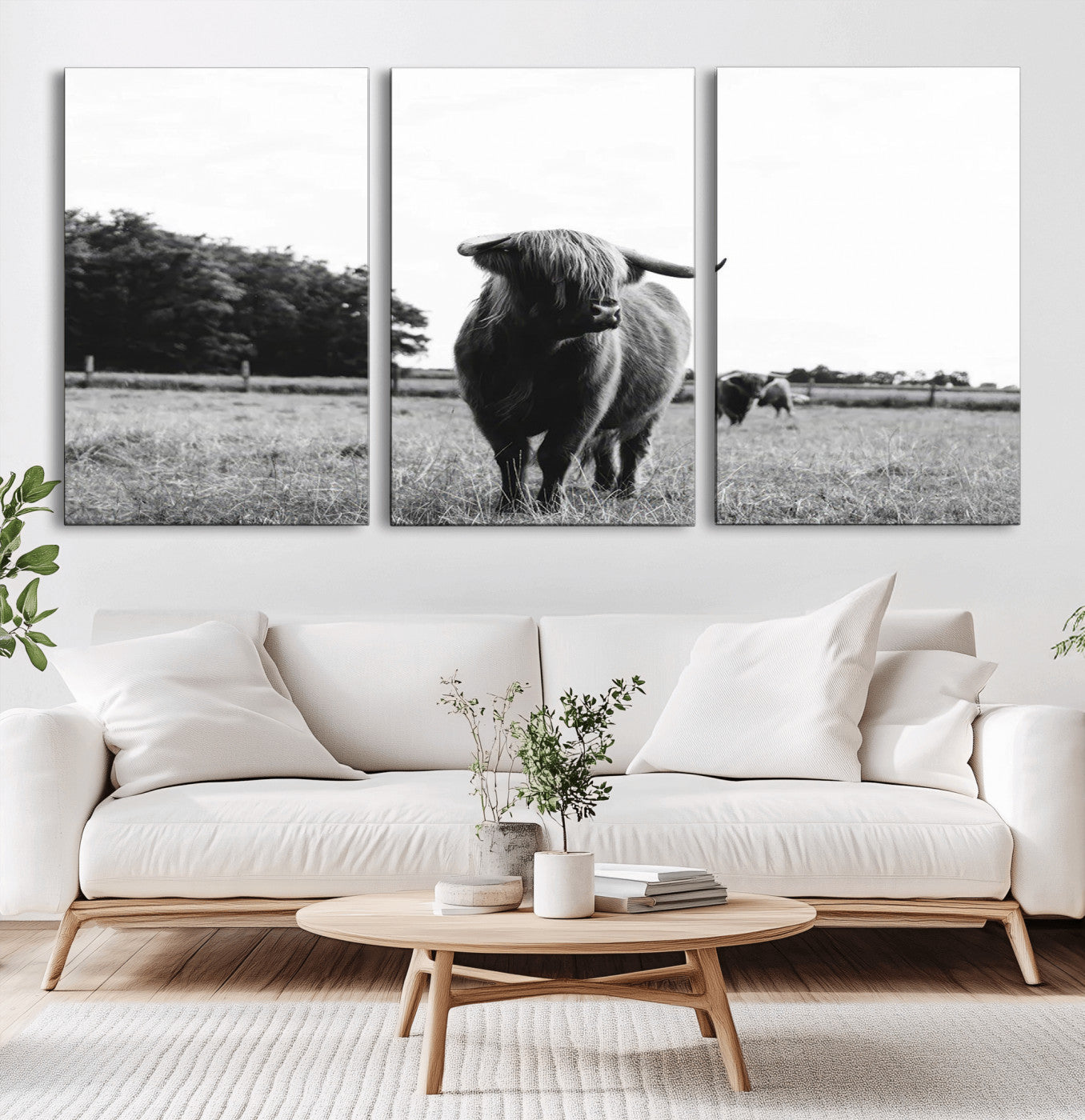 MGV-CV-60X30-3P - Black and White Highland Cow Wall Art Canvas Print | Rustic Western Decor for Living Room or Office,