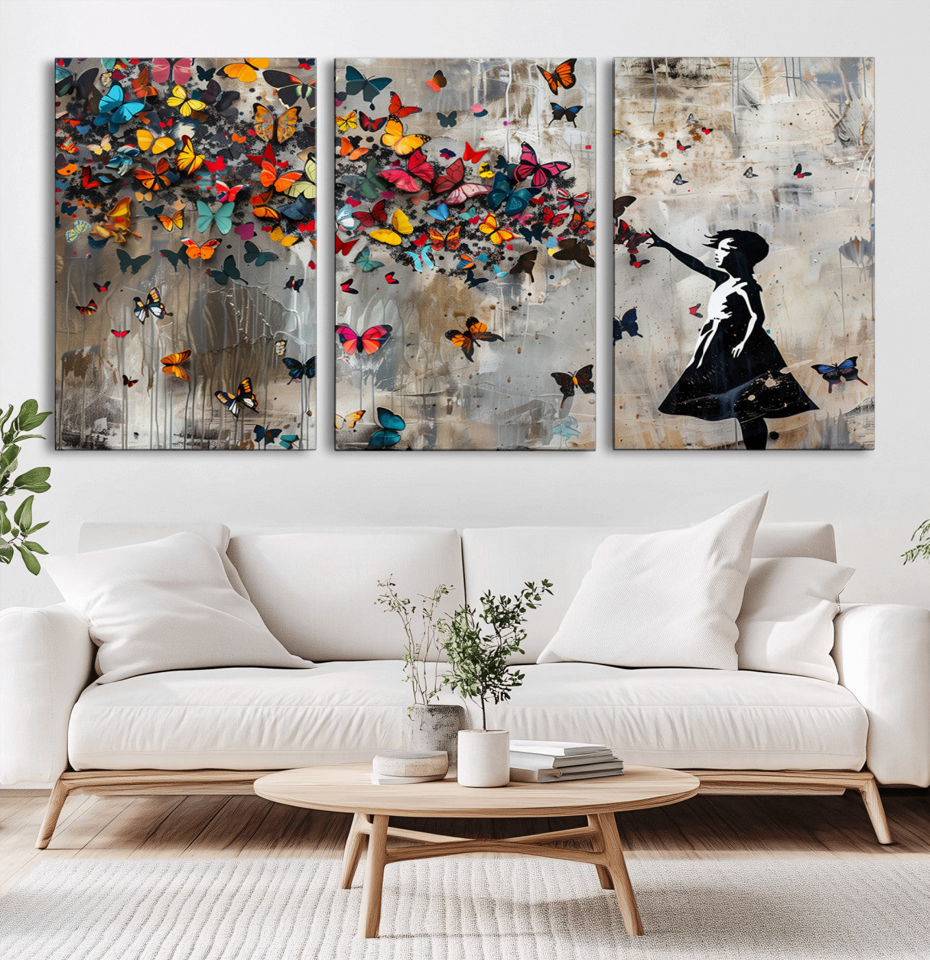 MGV-CV-60X30-3P - Banksy Wall Art - Banksy Girl and Butterfly Explosion Wall Art Canvas Print | Girl with Butterflies