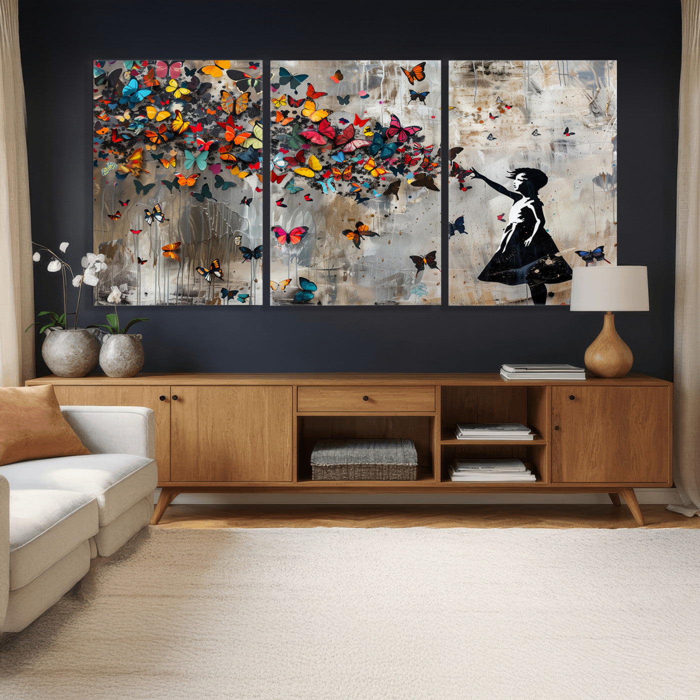 40269-MGV-CV-36X24 - Banksy Wall Art - Banksy Girl and Butterfly Explosion Wall Art Canvas Print | Girl with Butterflies