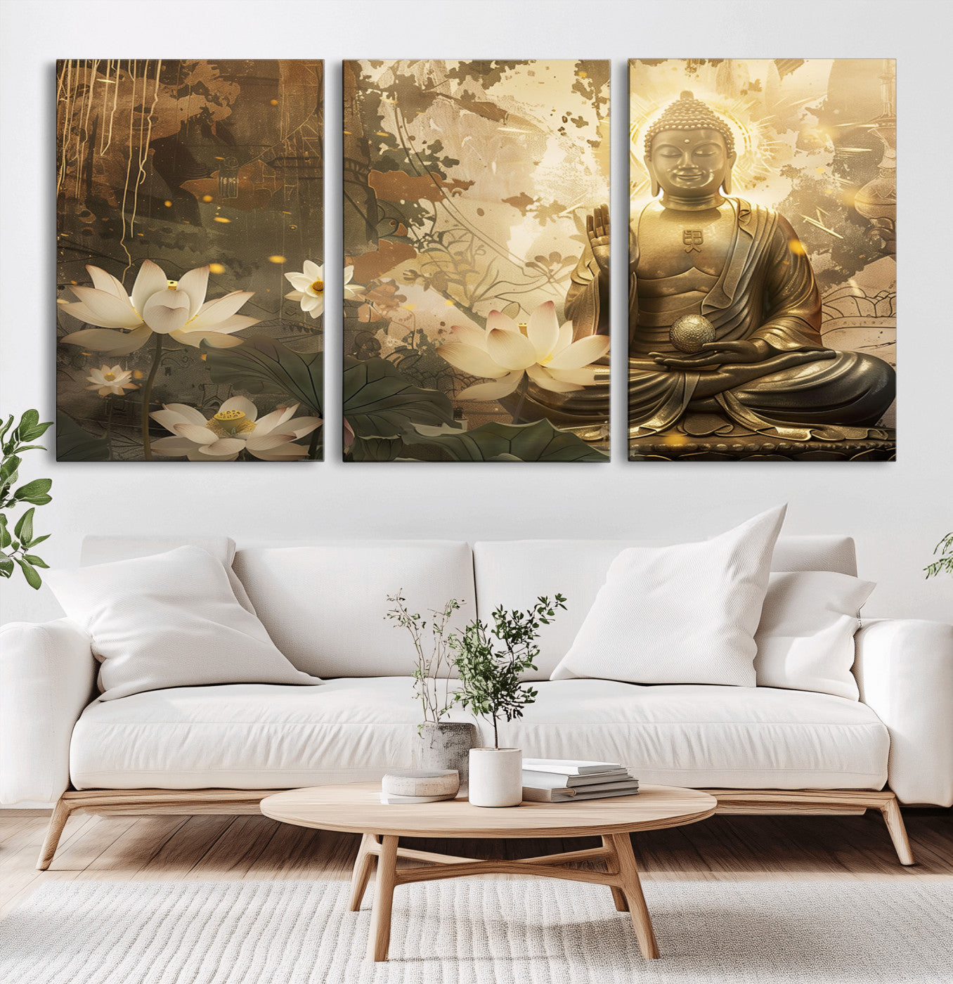 MGV-CV-60X30-3P - Zen Buddha Wall Art Canvas Print | Peaceful Meditation Decor with Lotus Flowers | Spiritual Serenity